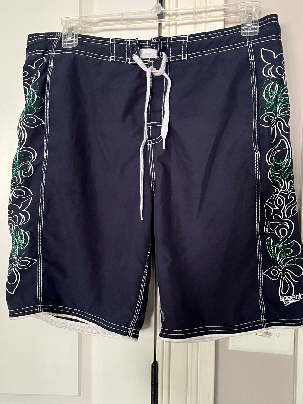 Speedo Navy Blue Swimming Trunk With Liner Green Floral Design M